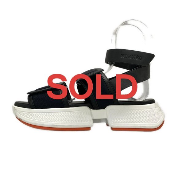 HERMES geek - Black Leather Chemical Fiber Women's Sandals 890-070725 - Picture 1 of 12